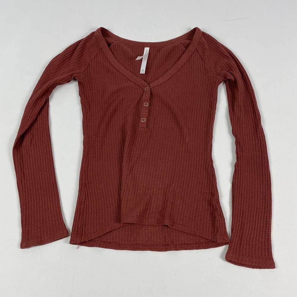 The Group Babaton‎ Shirt Womens XS Red Henley Long Sleeve Waffle Knit Top